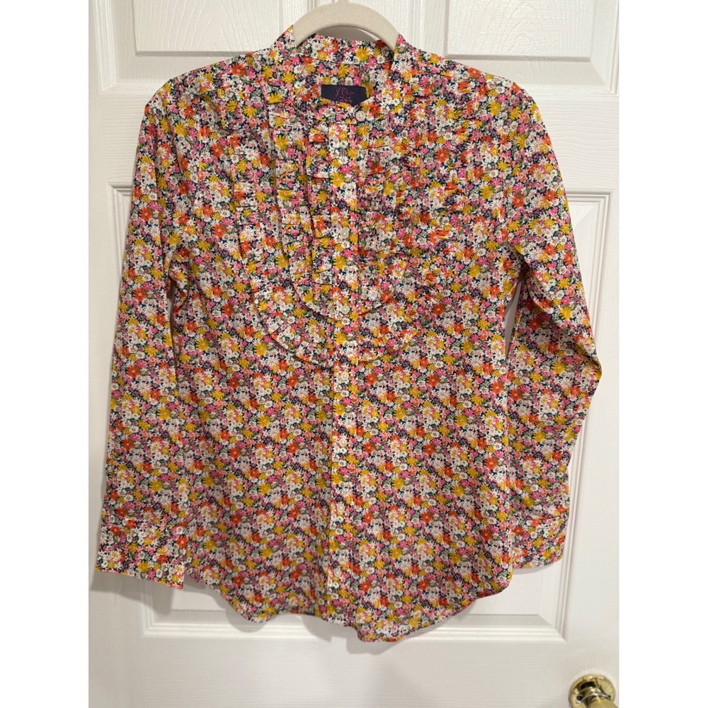 J.Crew Liberty Fabrics Floral Ruffle Bib Band Collar Shirt Multi Color XS